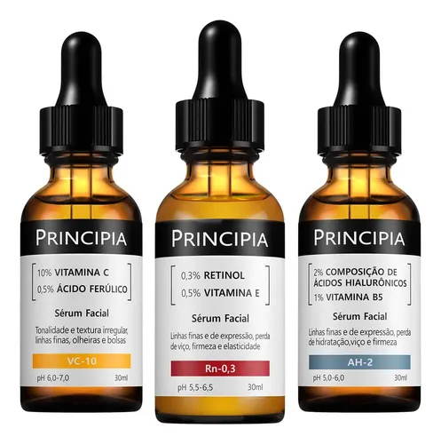 KIT PRINCIPIA COM 3 SÉRUNS: VITAMINA C + RETINOL + HIALURÔNICOS