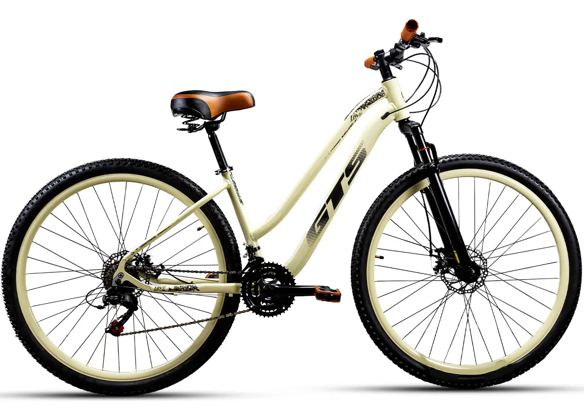 BICICLETA GTS LAVY — ARO 29 — ALUMÍNIO — CÂMBIO SHIMANO — 21 MARCHAS — BEGE RETRÔ COM PRETO — QUADRO 17