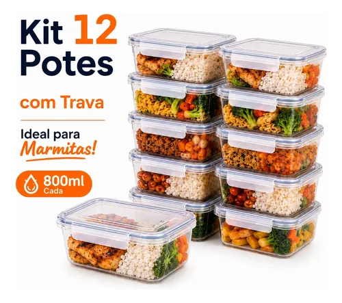 KIT COM 12 POTES MARMITA DE PLÁSTICO COM TRAVA LATERAL