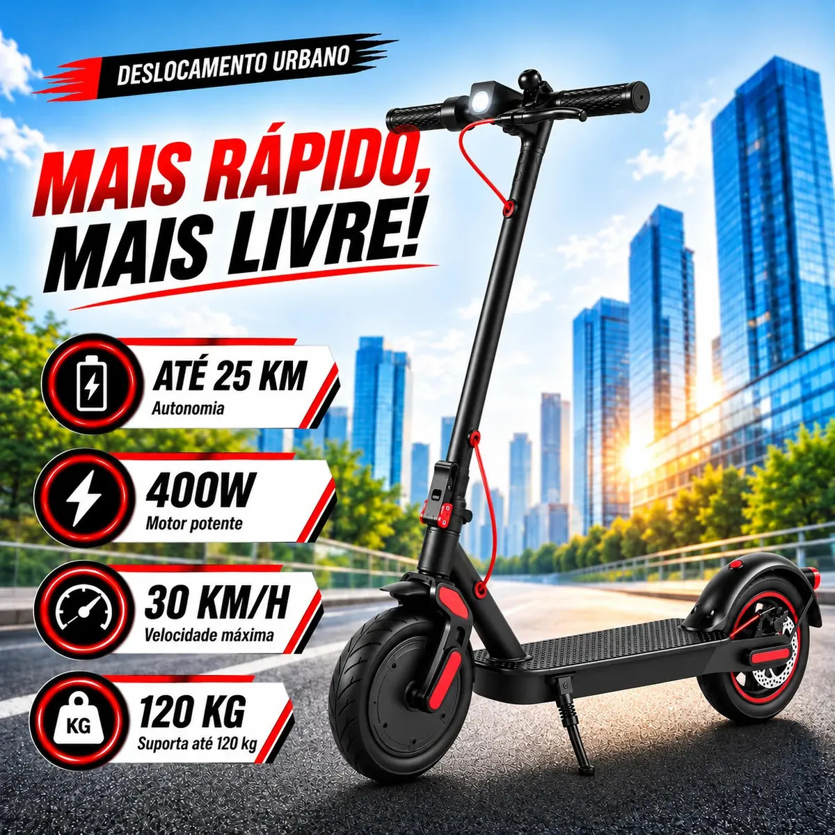 PATINETE ELÉTRICO DOBRÁVEL — 400W — 30KM/H — SUPORTA 120KG — PNEU 8,5” — BLUETOOTH