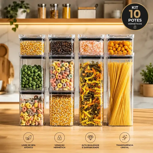 KIT COM 10 PORTA-MANTIMENTOS HERMÉTICOS EM PLÁSTICO
