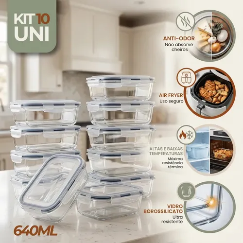 KIT COM 10 POTES DE VIDRO TIPO MARMITA HERMÉTICA – 640ML