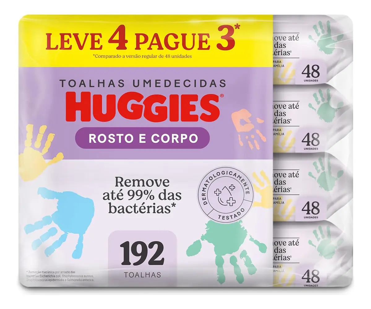 LENÇOS UMEDECIDOS HUGGIES ROSTO E CORPO — 4 PACOTES, 192 UNIDADES