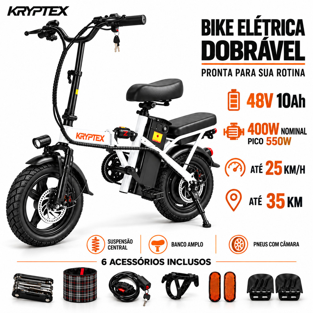 BICICLETA ELÉTRICA KRYPTEX 400W DOBRÁVEL COM BATERIA REMOVÍVEL