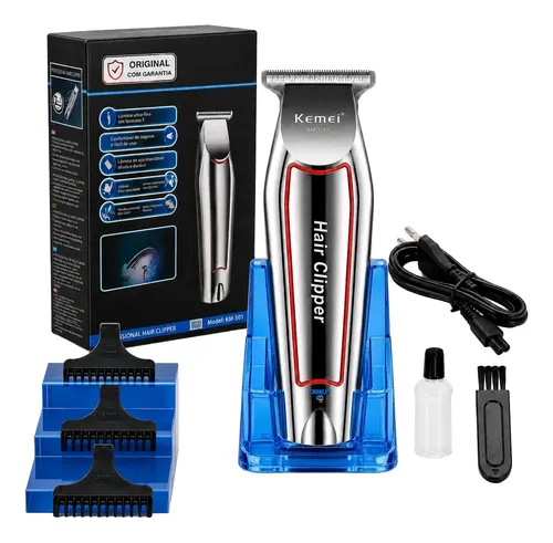 MAQUINA ACABAMENTO CORTAR CABELO BARBA E PELOS KEMEI 032 PRATEADO 127/220V