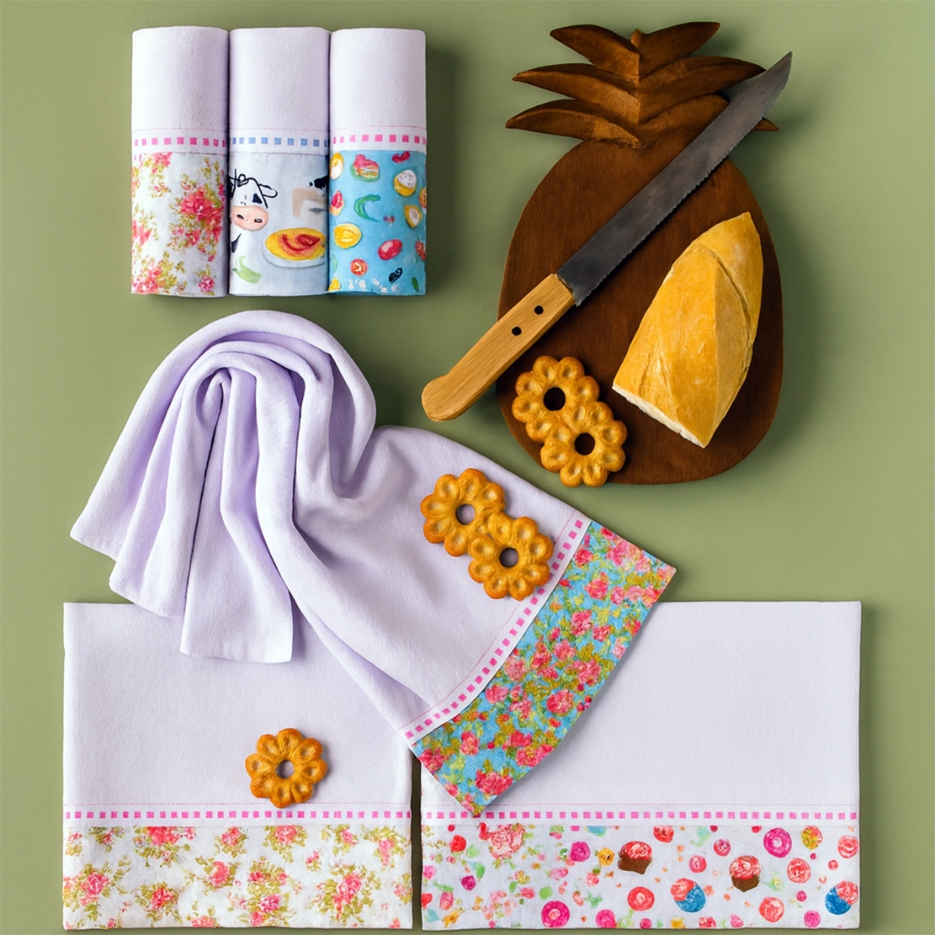 KIT 5 PANOS DE PRATO BARRADO PREMIUM – SACARIA 100% ALGODÃO, ESTAMPAS...