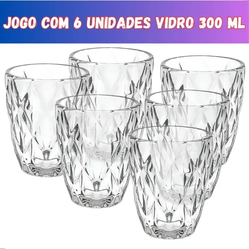 JOGO 6 COPOS VIDRO DIAMANTE GROSSO RESISTENTE AGUA 300ML BRANCO MS VARIEDADES