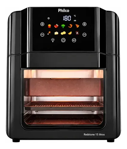 PHILCO PAF15C FRITADEIRA AIR FRYER OVEN 15 LITROS REVESTIMENTO REDSTONE PORTA REMOVÍVEL LUZ INTERNA 10 FUNÇÕES PRETA