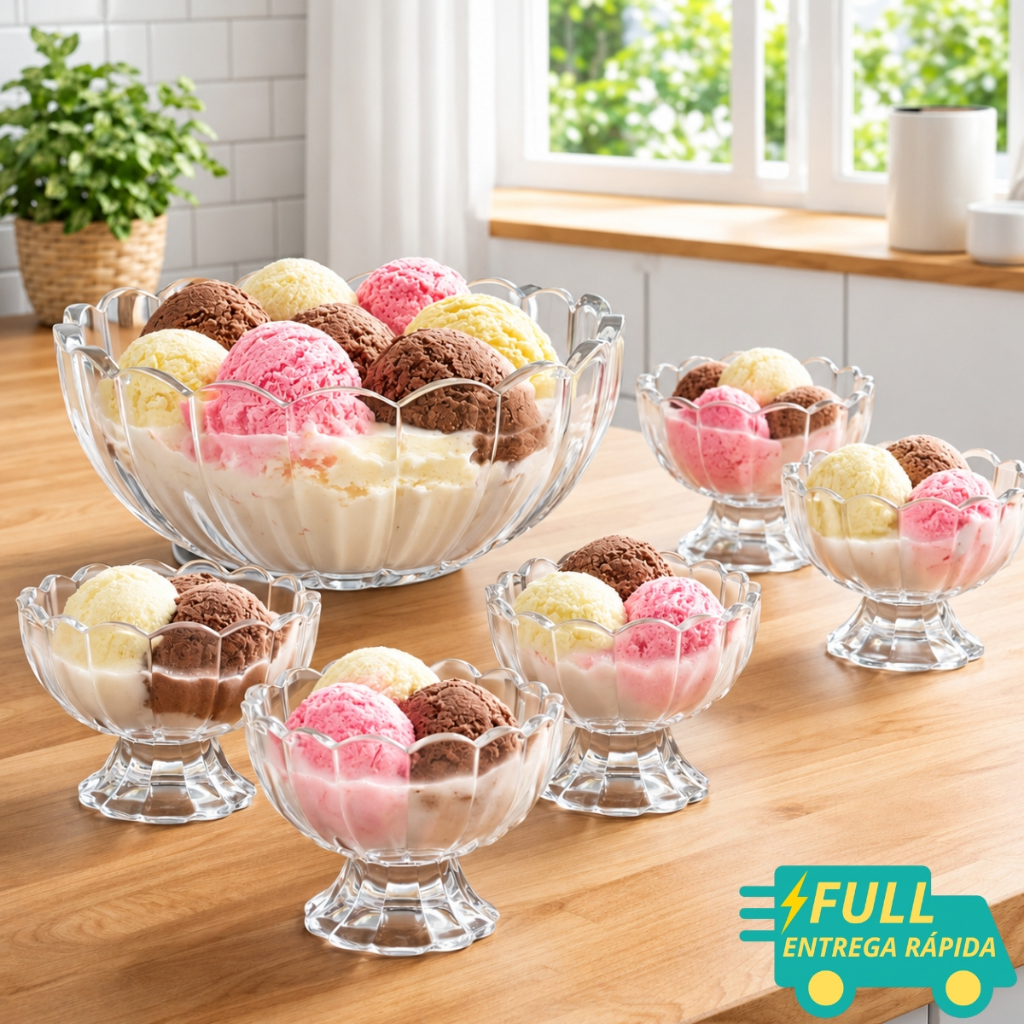 CONJUNTO 7 PEÇAS BOWL COM 6 TAÇAS PARA SOBREMESA GENEVA VIDRO...