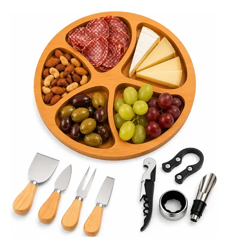 KIT VINHO 4 PEÇAS + 4 FACAS P QUEIJO + PETISQUEIRA PRESENTE